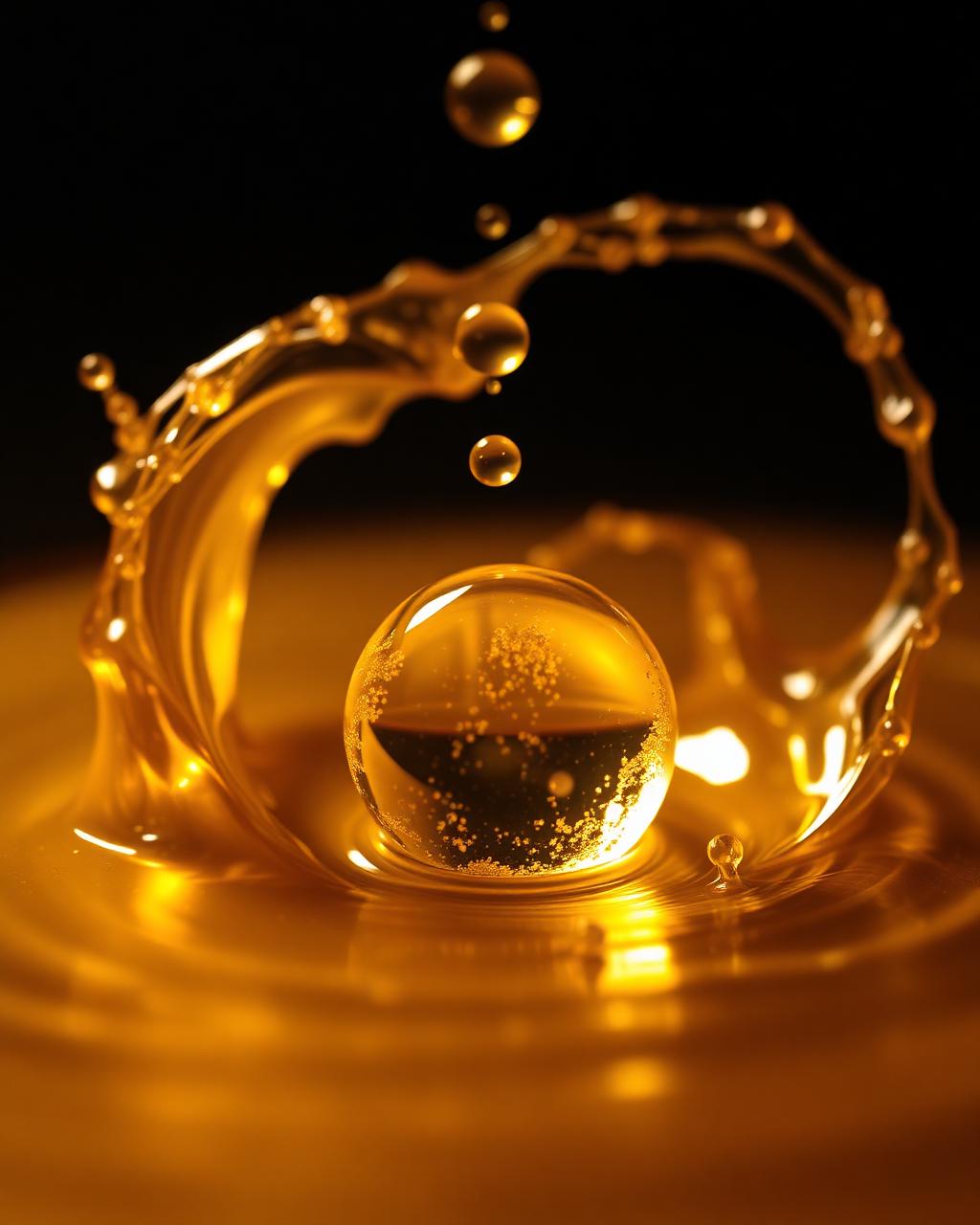 Liquid gold macro, dramatic reflections, luxury product campaign.