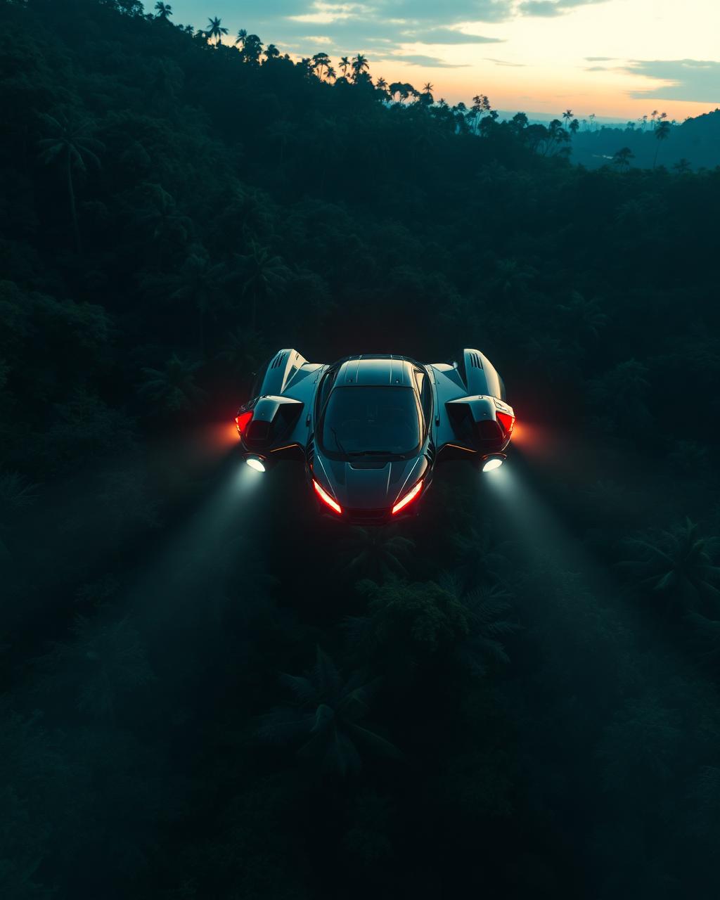 Futuristic vehicle, dusk skyline, cinematic motion clip.